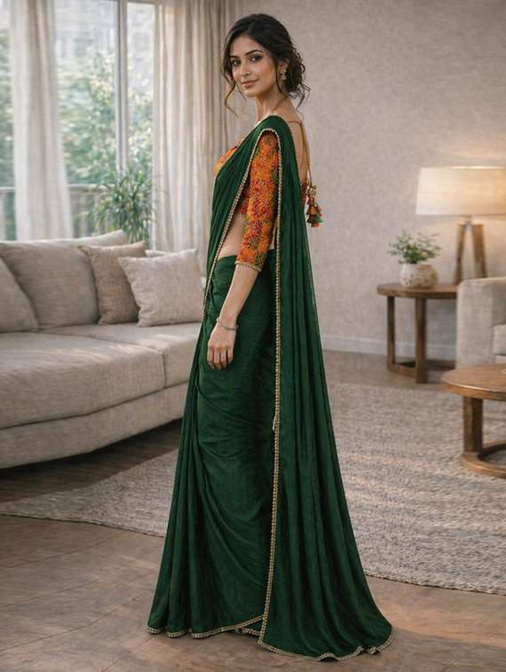 women solid with embellished bordered saree with blouse - 22511418 -  Standard Image - 2