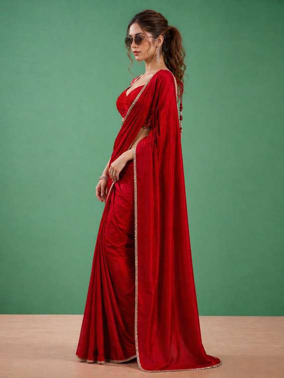 women solid with embellished bordered saree with blouse - 22511421 -  Standard Image - 2