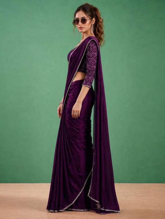 women solid with embellished bordered saree with blouse - 22511424 -  Standard Image - 2