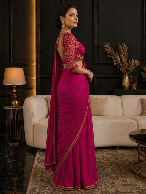 women solid with embellished bordered saree with blouse - 22511433 -  Standard Image - 2