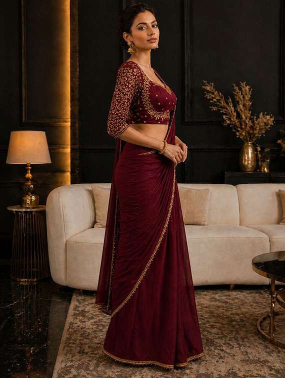women solid with embellished bordered saree with blouse - 22511434 -  Standard Image - 2