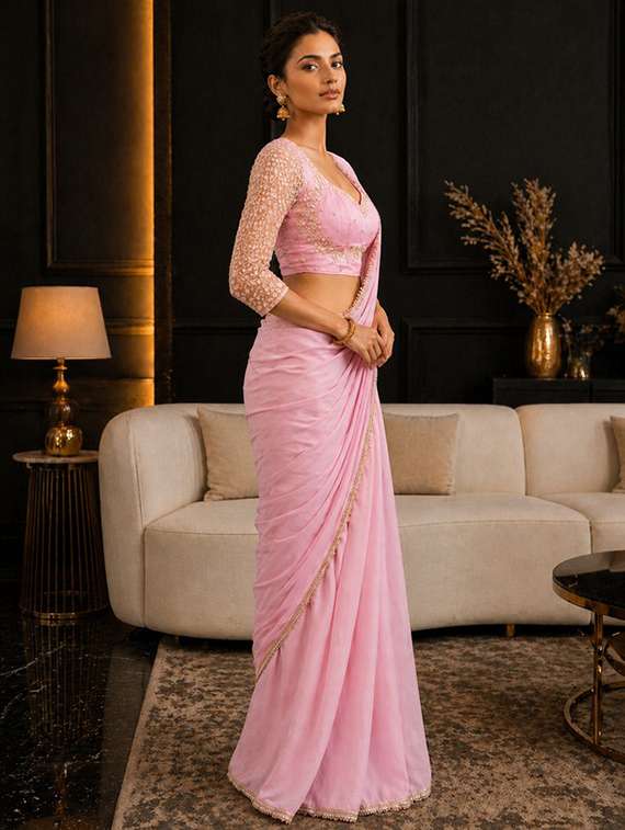 women solid with embellished bordered saree with blouse - 22511437 -  Standard Image - 2