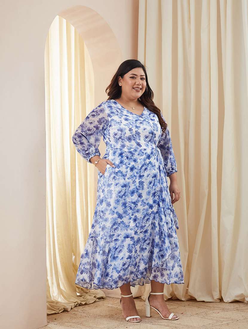 women printed three quarter sleeves wrap midi dress - 22511449 -  Standard Image - 2