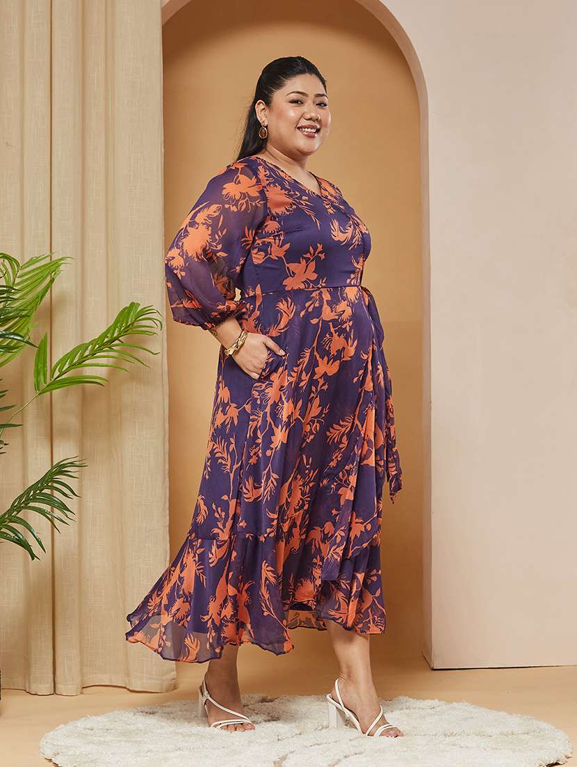 Women Printed Three Quarter Sleeves Wrap Dress - 22511451 -  Standard Image - 2