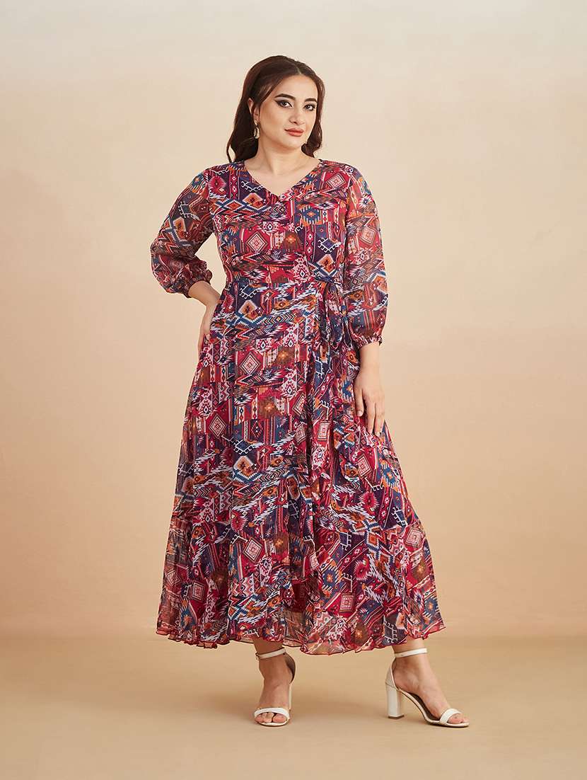 women printed overlap neck maxi fit and flare dress - 22511482 -  Standard Image - 2