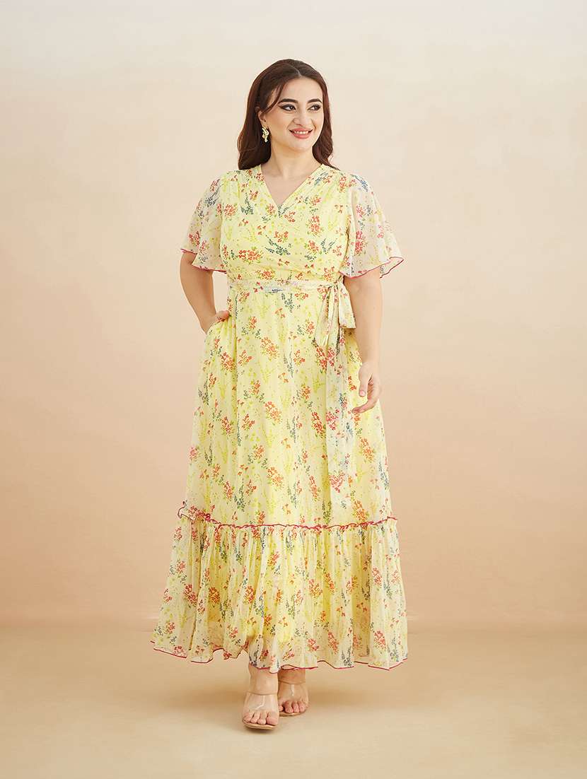 women printed v neck tiered dress