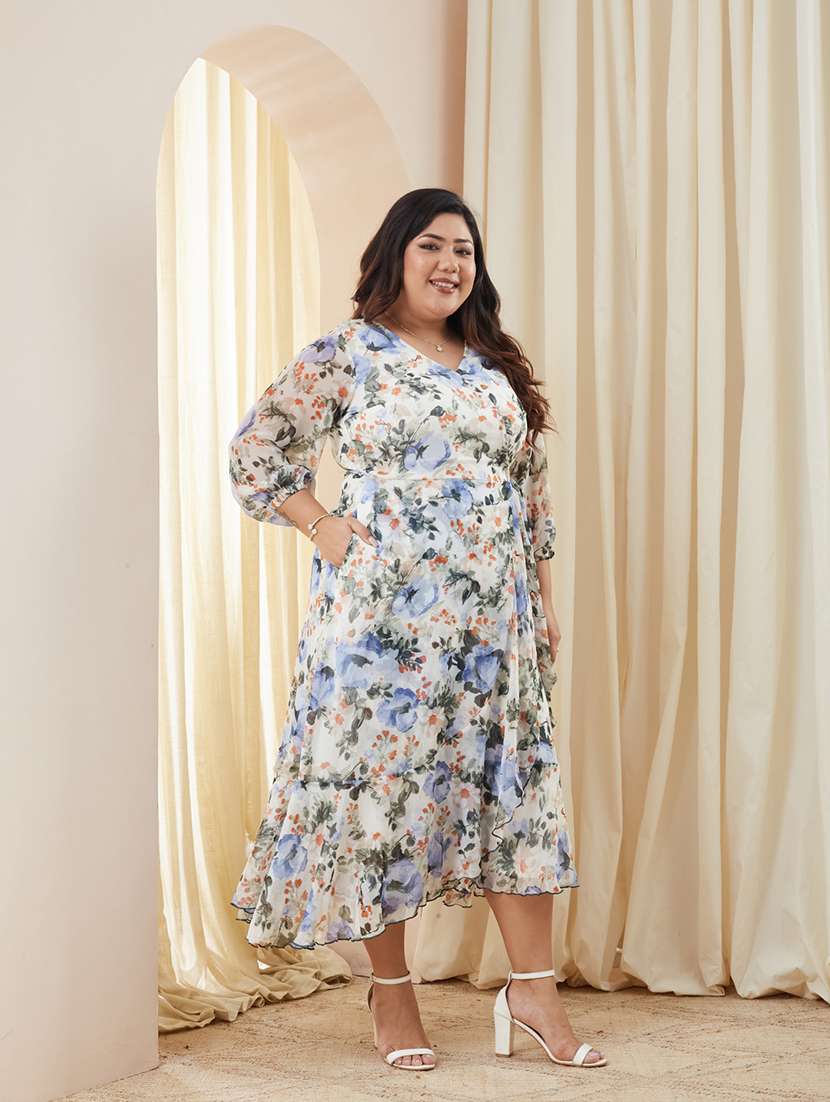 women printed three quarter sleeves wrap midi dress - 22511539 -  Standard Image - 2