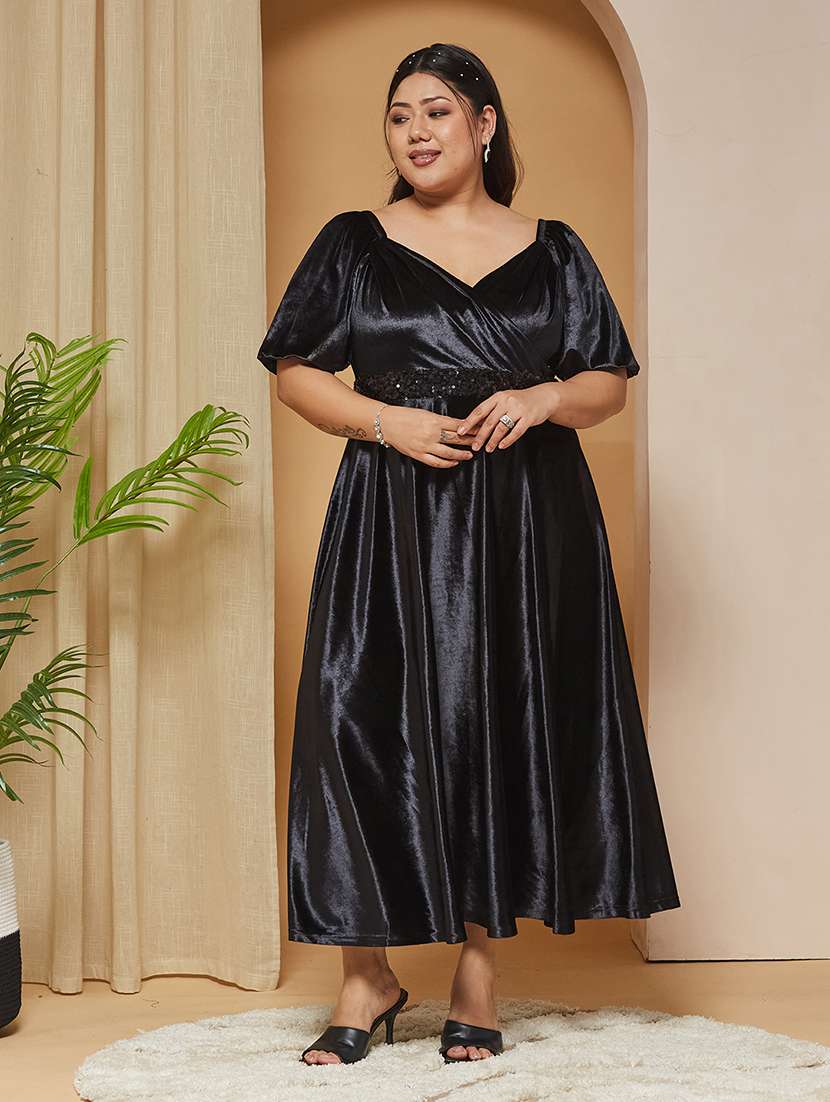 Women Solid Puff Sleeves Fit And Flare Dress - 22511564 -  Standard Image - 2