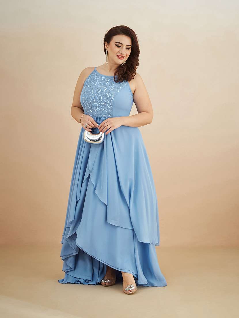 women sequined halter neck layered maxi dress