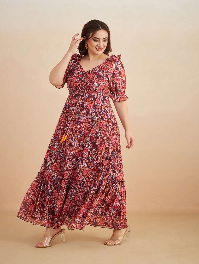 women printed puff sleeves maxi tiered dress