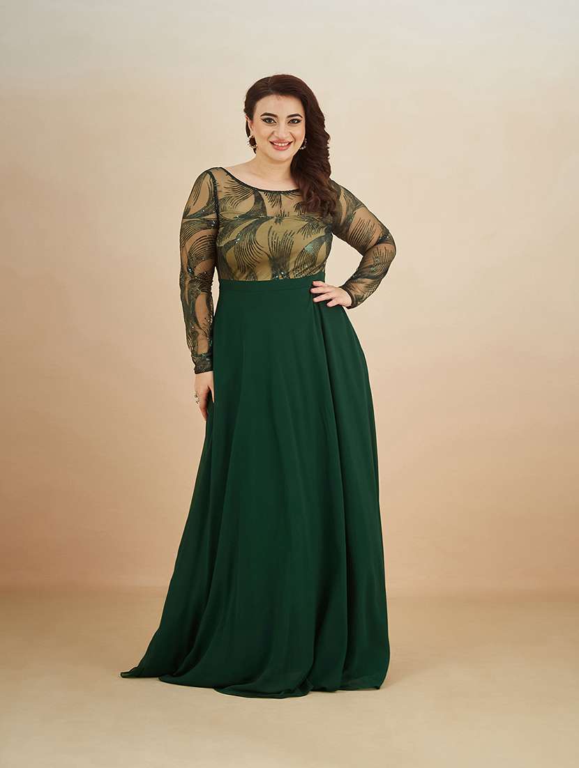 women embroidered boat neck gown