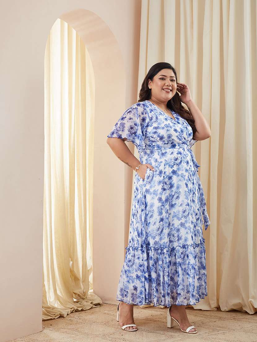women printed overlap neck tiered dress