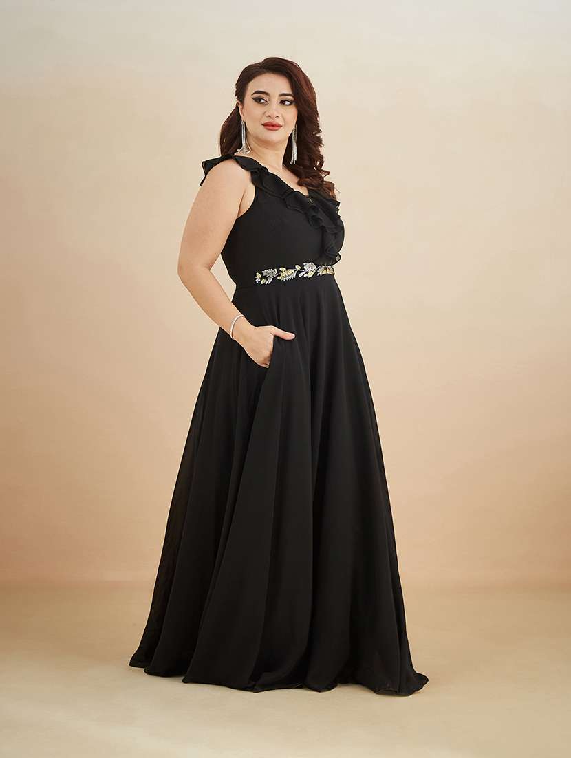 women embroidered sleeveless ruffle detailed gown - 22511589 -  Standard Image - 2