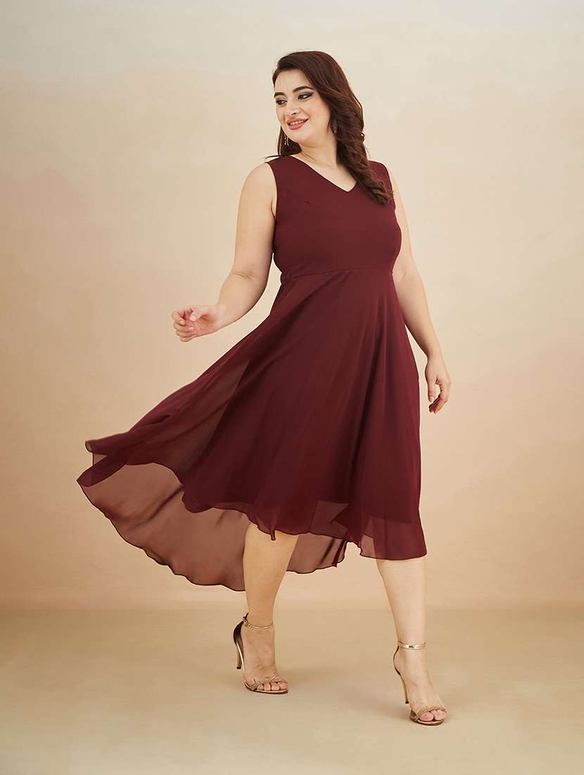 wine red sleeveless v-neck fit and flare midi dress - 22511616 -  Standard Image - 2
