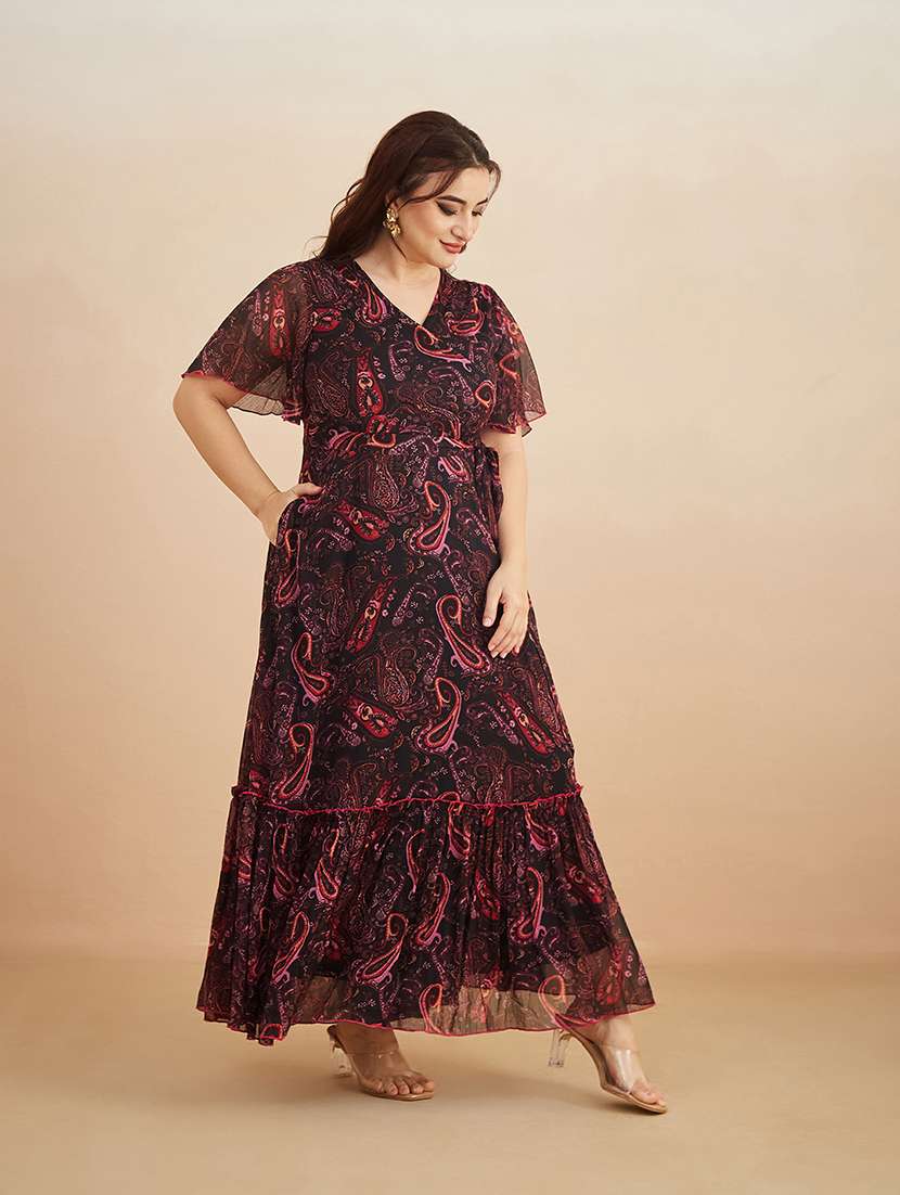 women printed overlap neck tiered dress