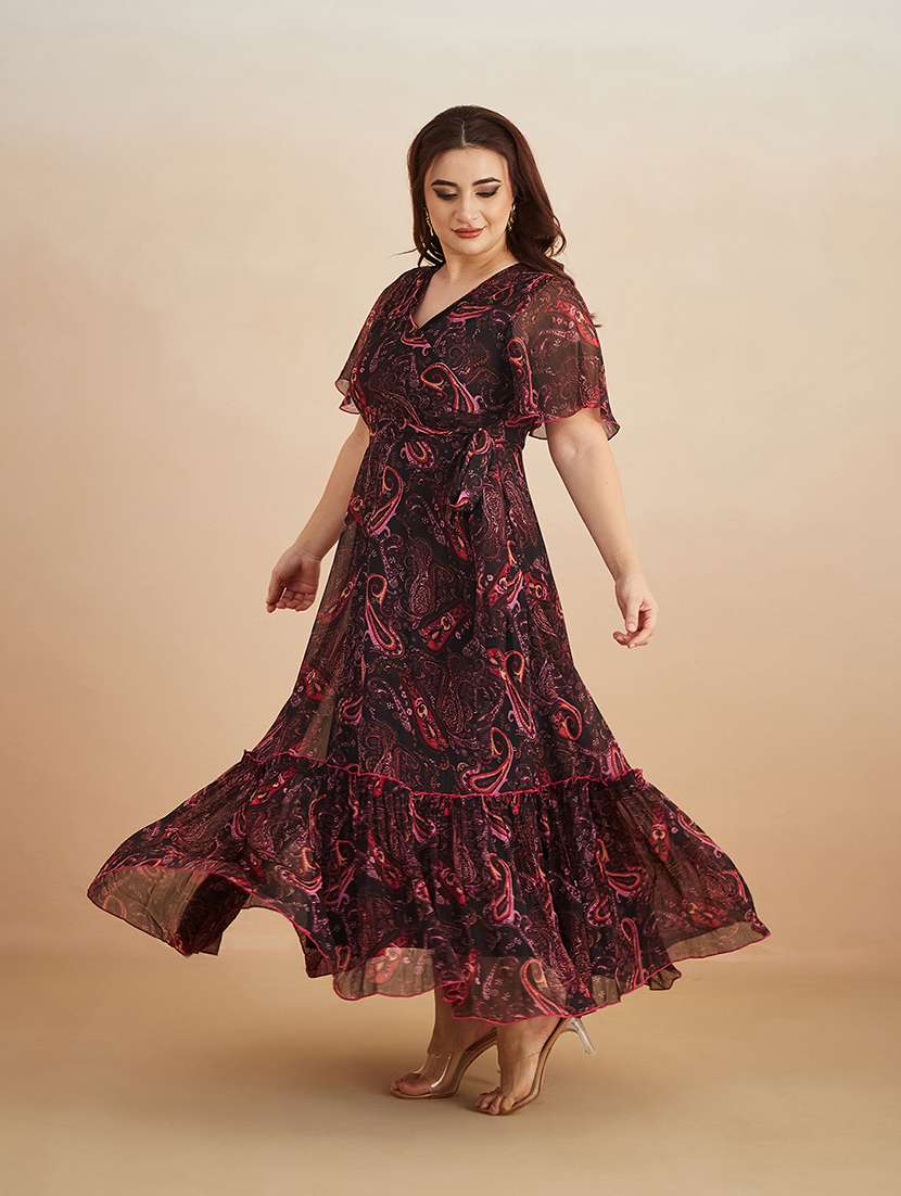 women printed overlap neck tiered dress - 22511617 -  Standard Image - 2