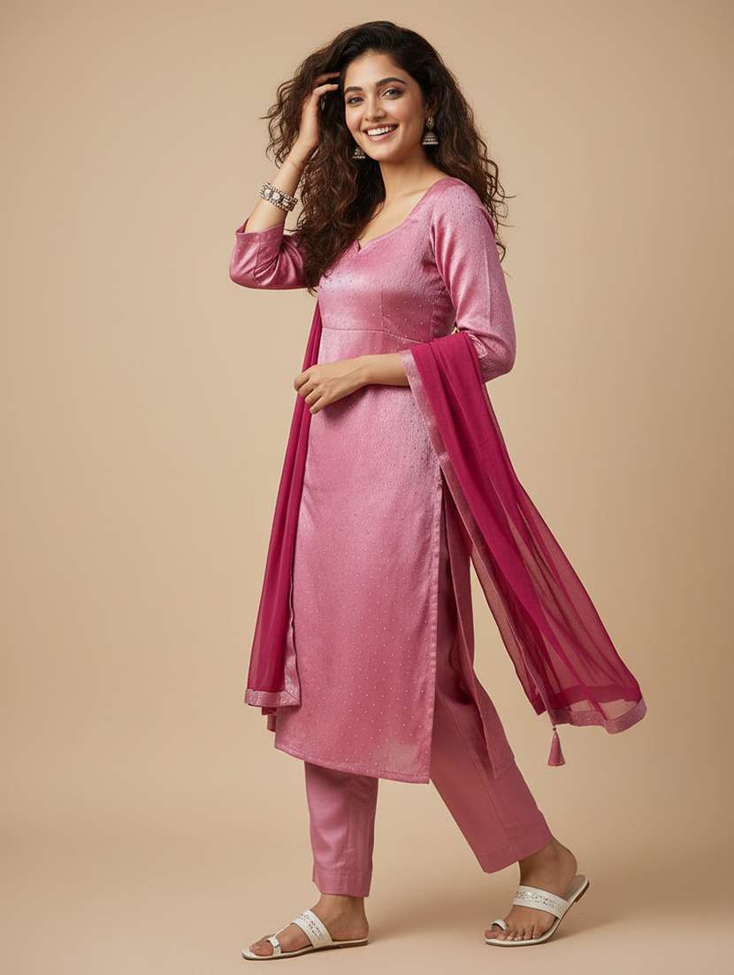 hercouture women's pink burberry silk swarowski diamond embellished kurta dupatta set - 22511773 -  Standard Image - 2