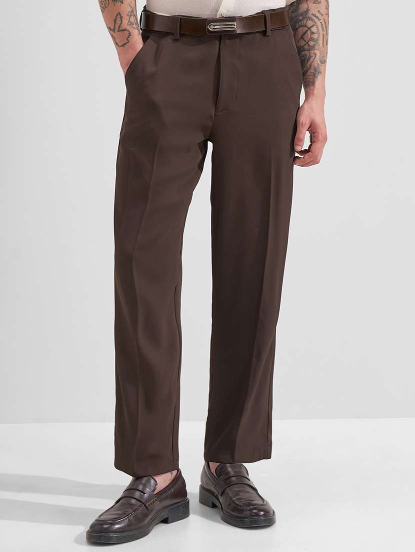men solid mid rise flat front casual trouser