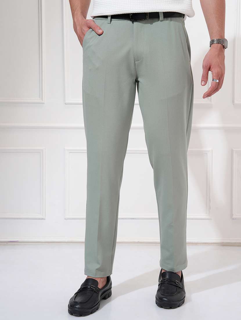 men solid mid rise flat front casual trouser