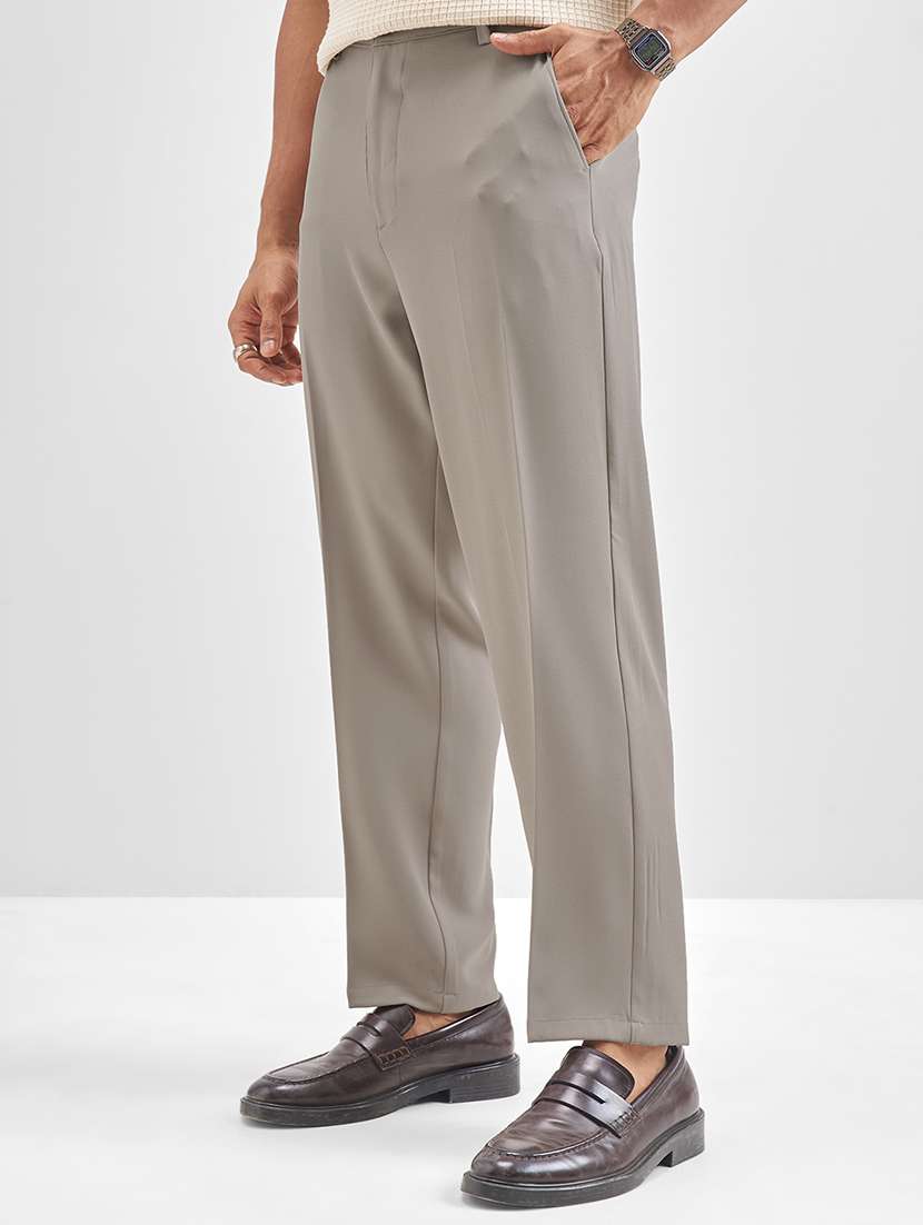 men solid mid rise flat front casual trouser