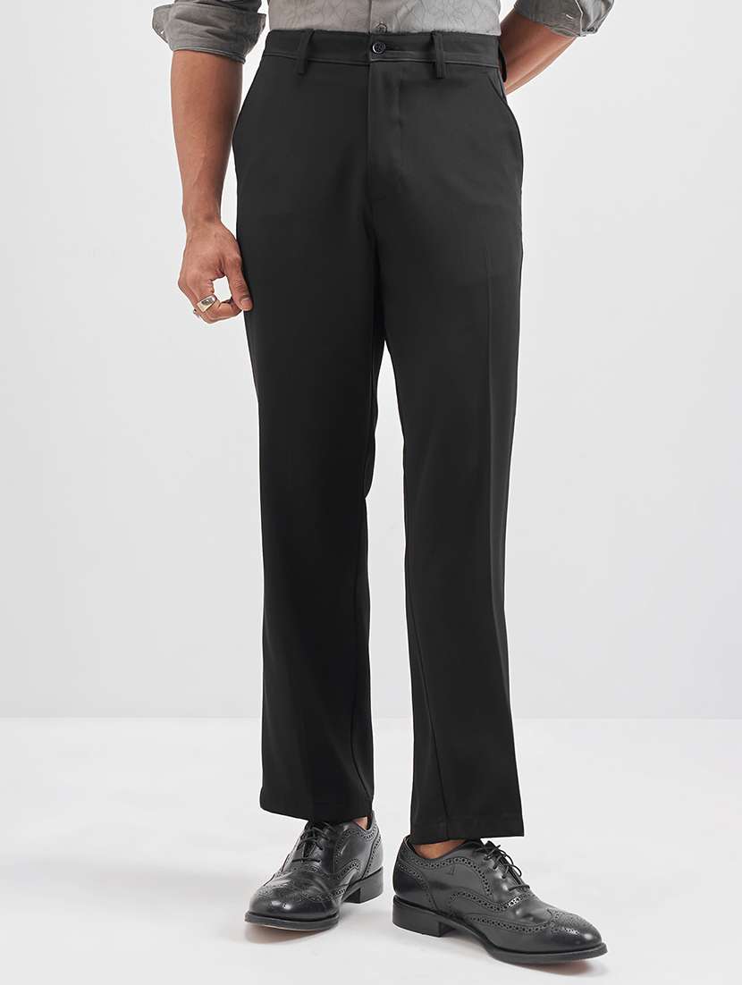 men solid mid rise flat front casual trouser