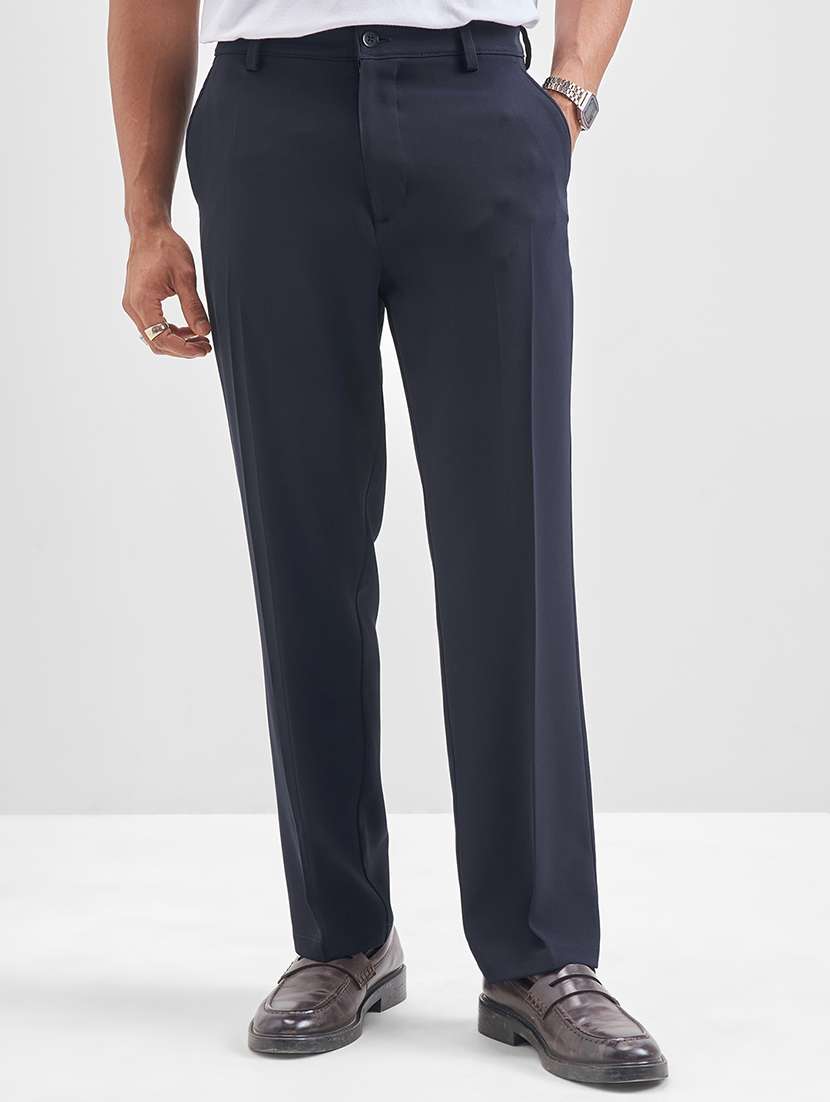 men solid mid rise flat front casual trouser