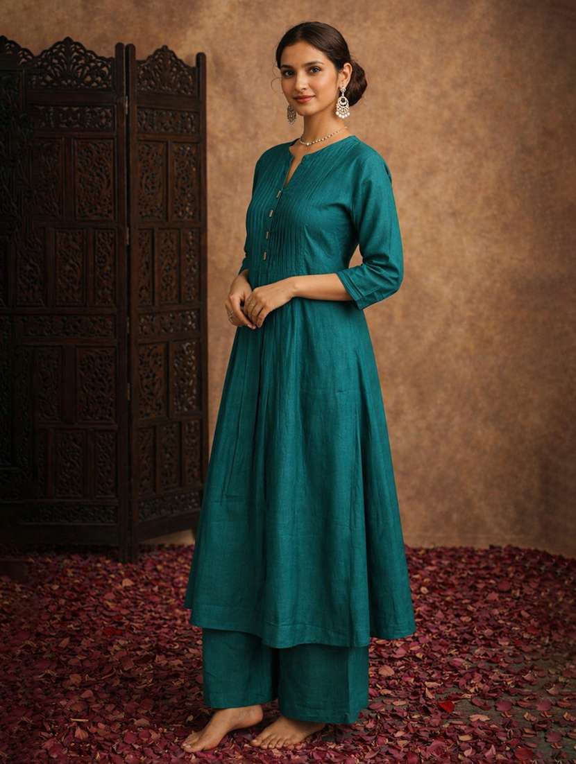 women solid three quarter sleeve kurta palazzo set - 22511936 -  Standard Image - 2