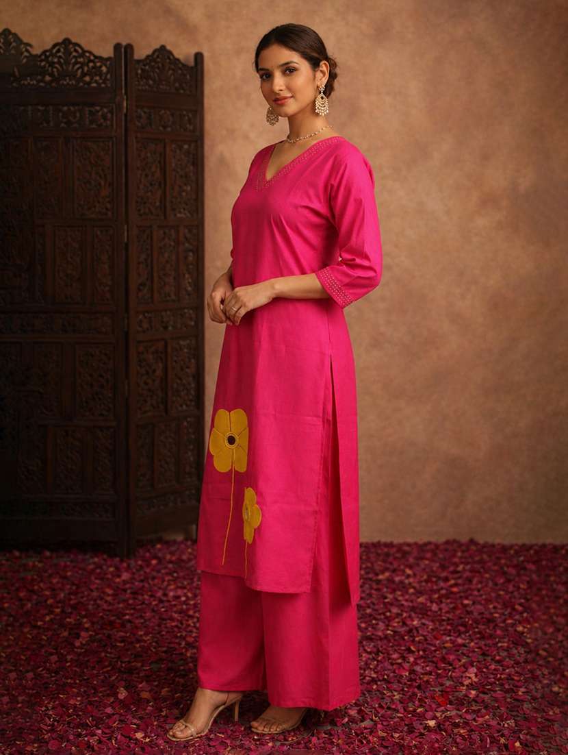 women embroidered three quarter sleeve kurta palazzo set - 22511939 -  Standard Image - 2