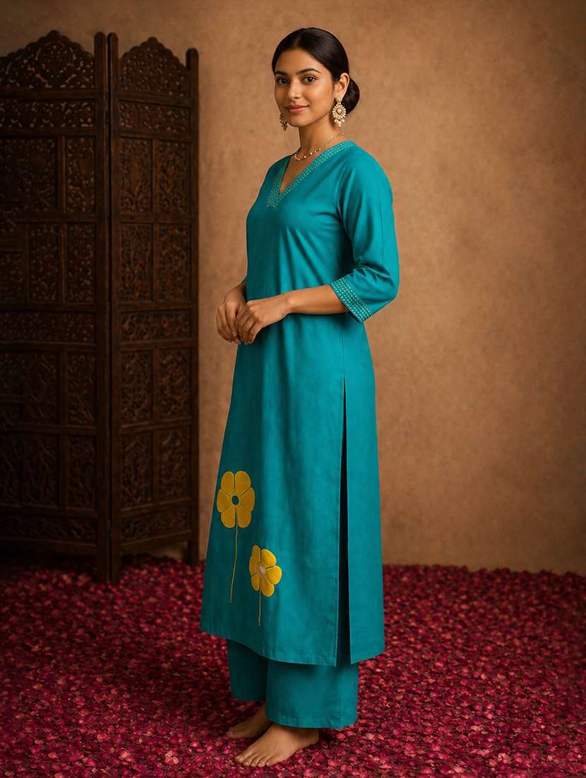 women embroidered three quarter sleeve kurta palazzo set - 22511940 -  Standard Image - 2