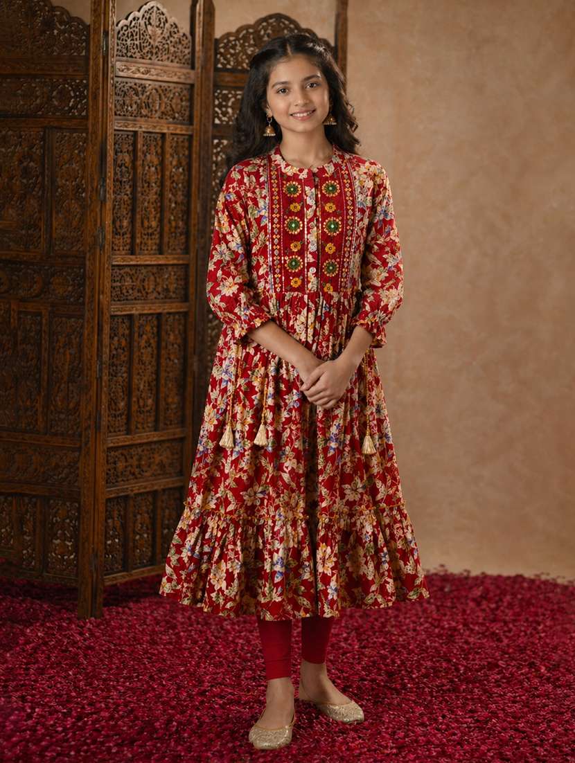 girls printed mandarin collared flared kurta - 22511963 -  Standard Image - 2