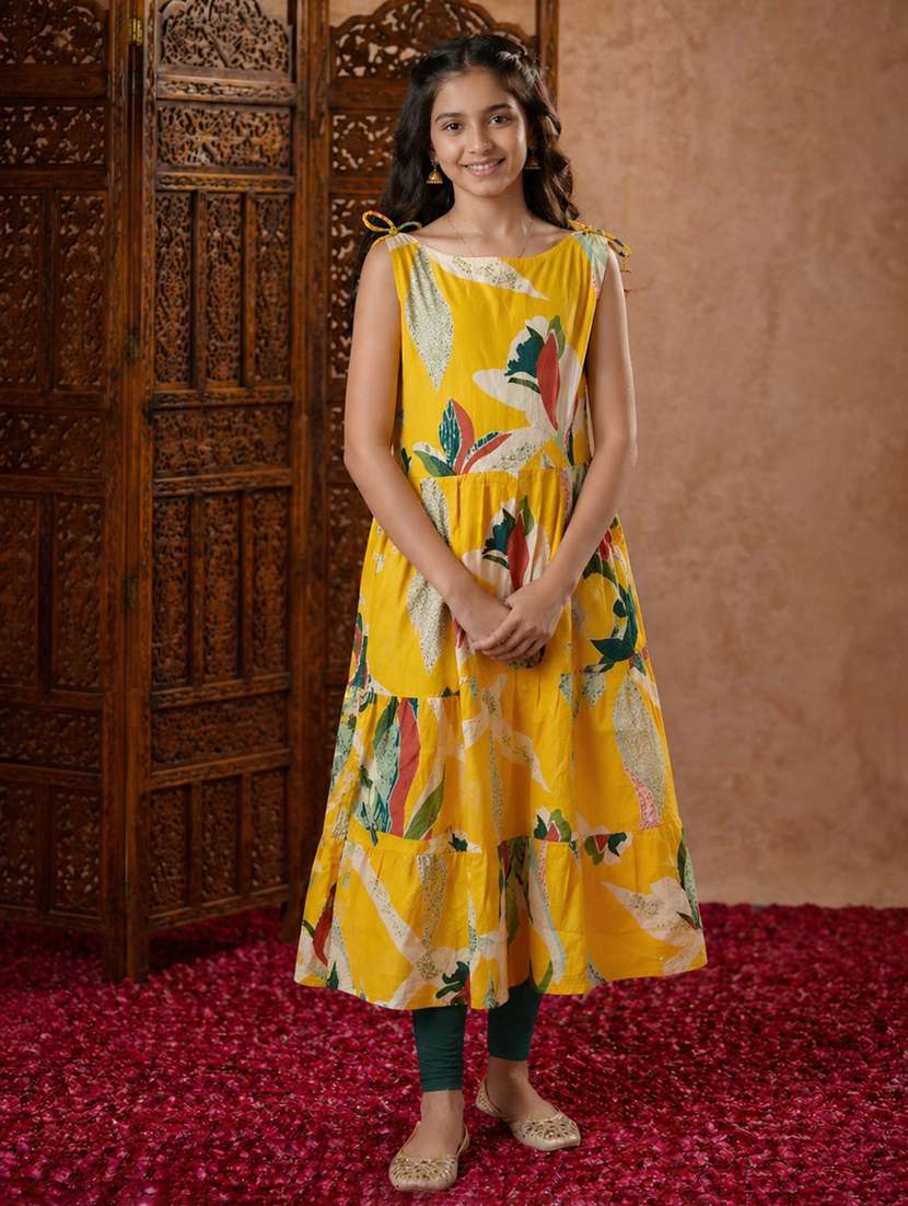 girls printed mandarin collared anarkali kurta - 22511964 -  Standard Image - 2