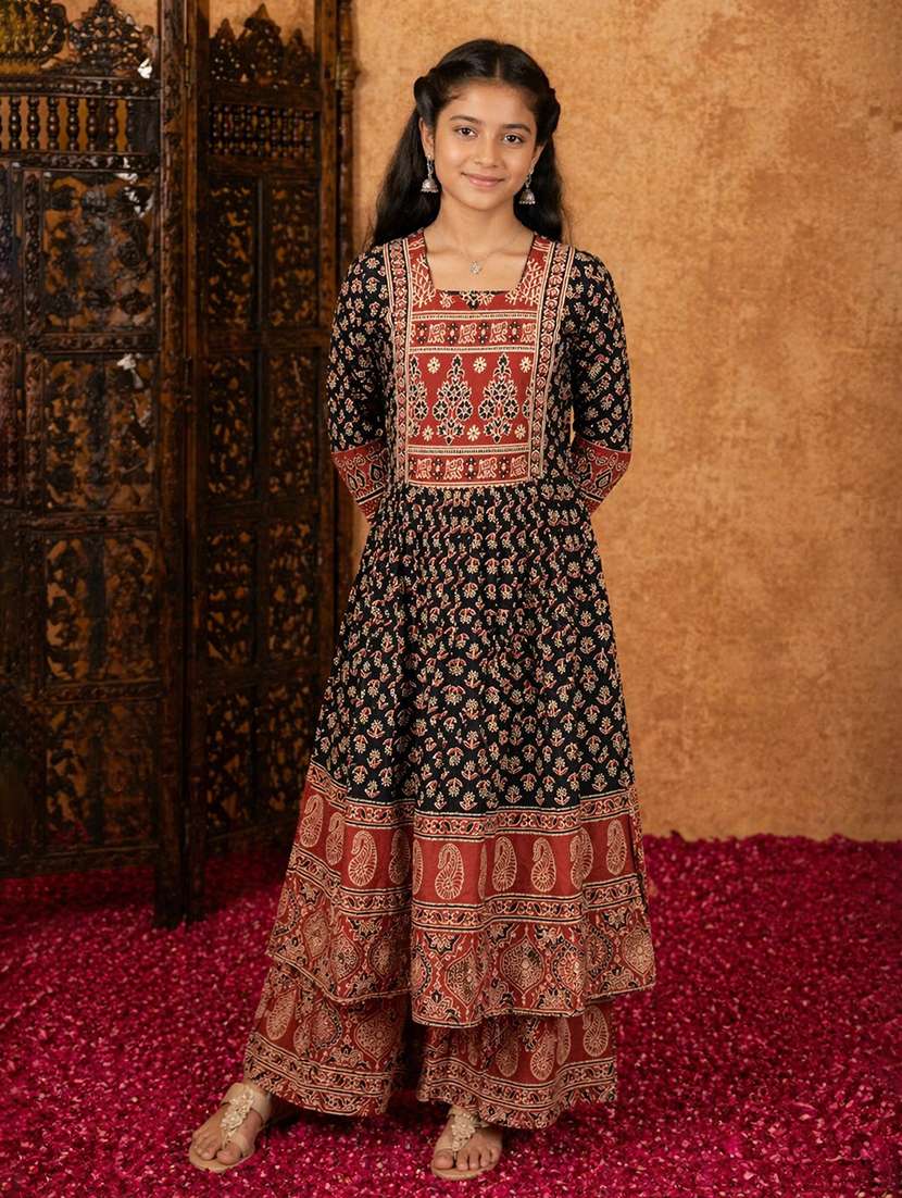girls printed square neck kurta and palazzo set