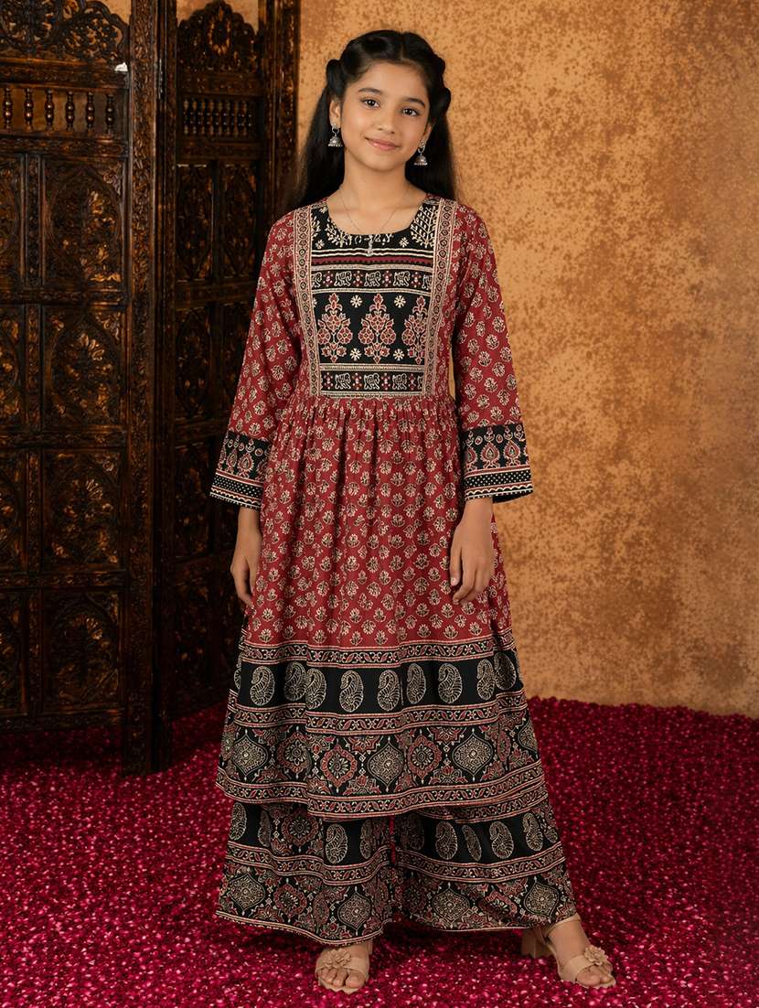 girls printed round neck kurta and palazzo set