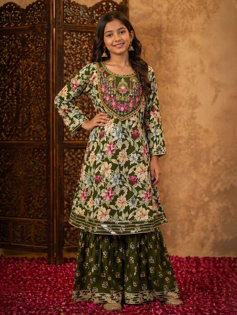 girls printed three quarter sleeves kurta and sharara suit set