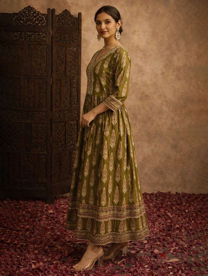 women printed three quarter sleeve fit & flare ethnic dress - 22512004 -  Standard Image - 2