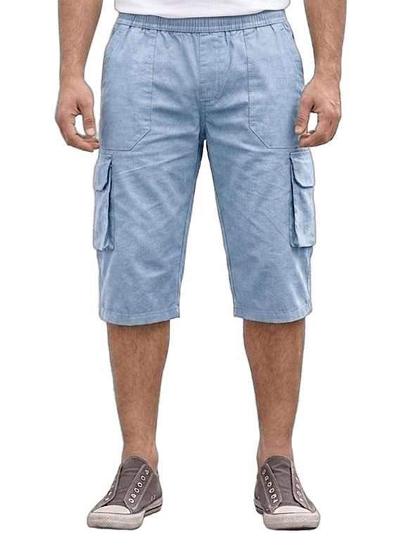 men solid mid rise regular fit three fourth cargo shorts