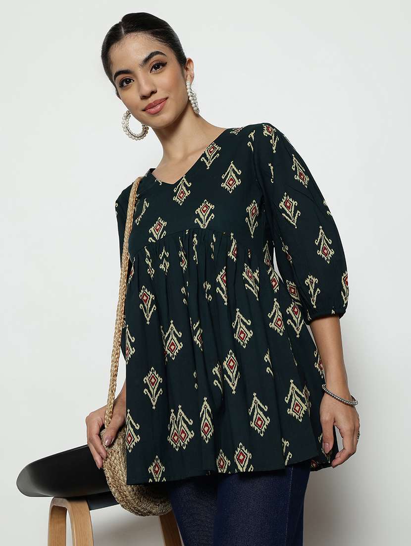 v neck three quarter sleeves ikat flared cotton tunic