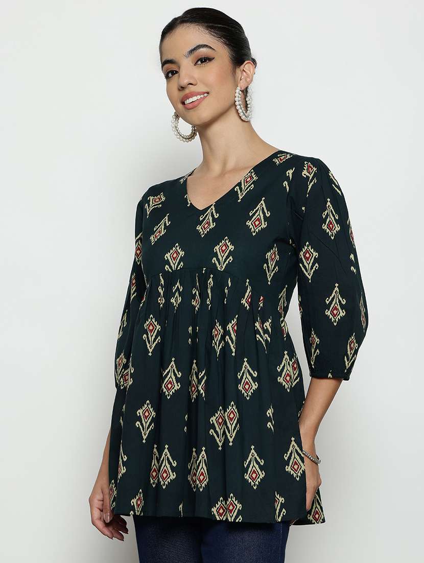 v neck three quarter sleeves ikat flared cotton tunic - 22512224 -  Standard Image - 2