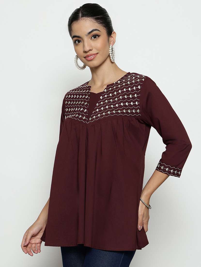 women embroidered three quarter sleeves a-line tunic - 22512227 -  Standard Image - 2