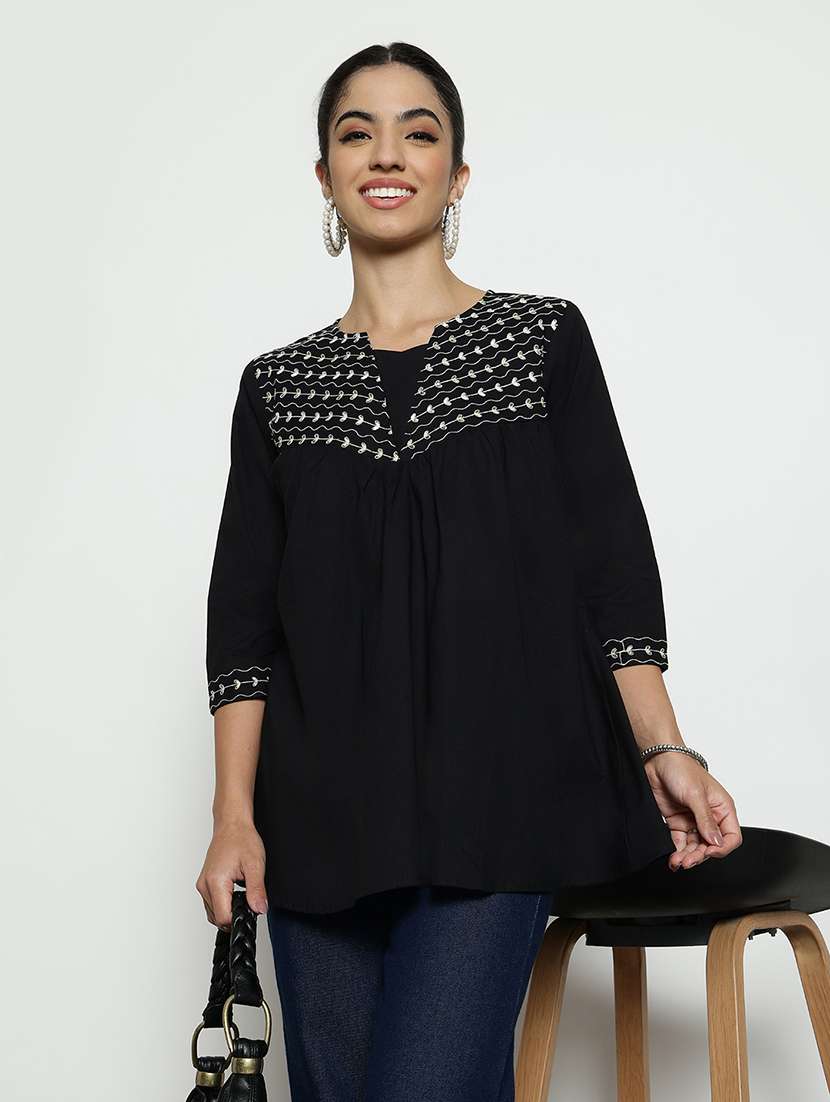 women embroidered three quarter sleeves a-line tunic