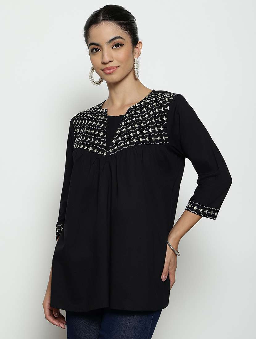 women embroidered three quarter sleeves a-line tunic - 22512228 -  Standard Image - 2