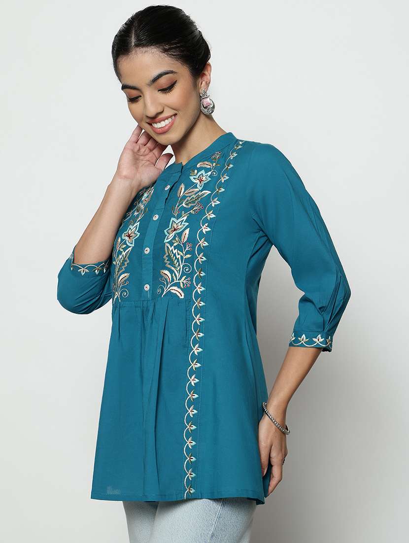 women embroidered three quarter sleeves a-line tunic - 22512233 -  Standard Image - 2