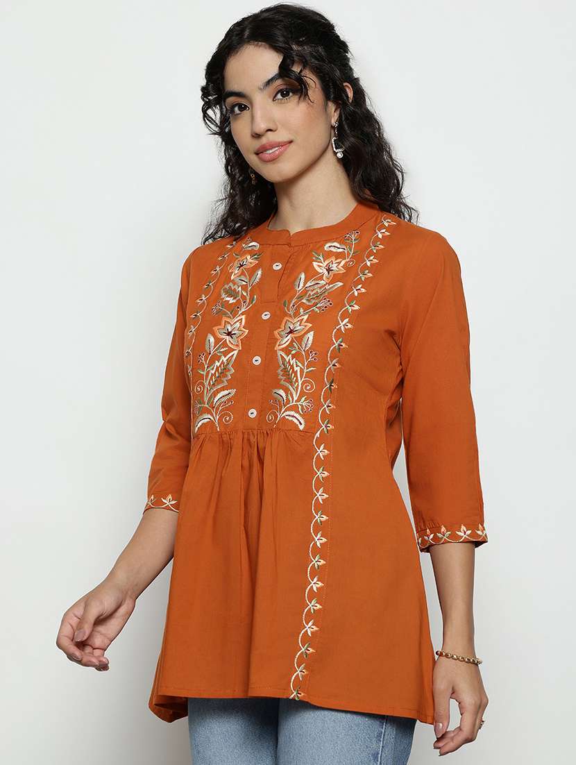 women embroidered three quarter sleeves a-line tunic - 22512234 -  Standard Image - 2
