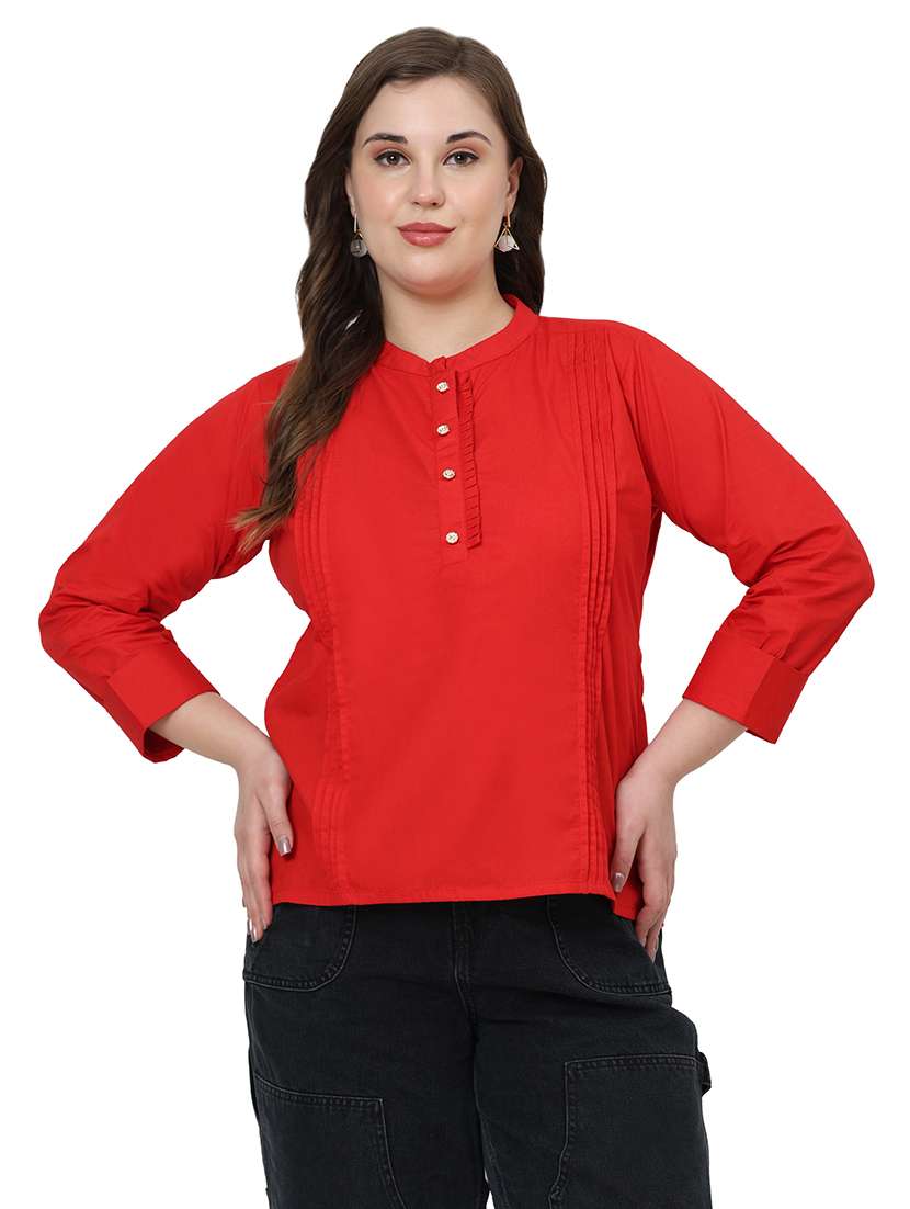 red cotton collared frill trim top