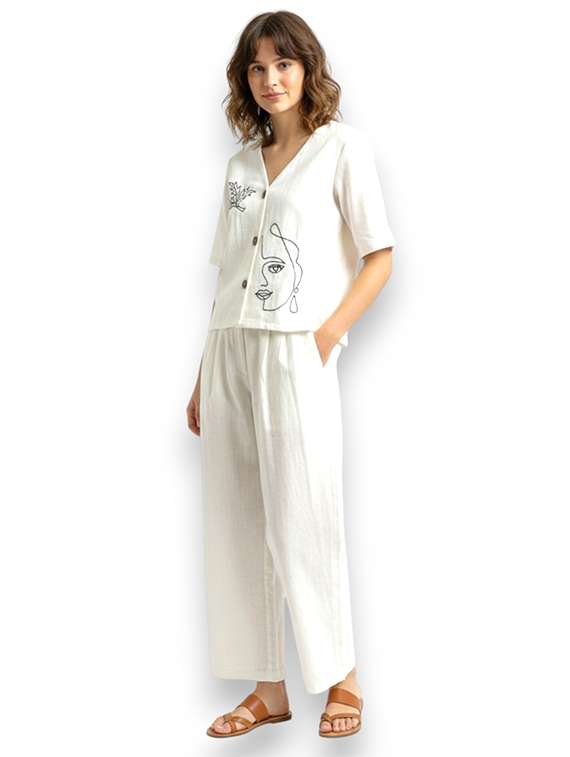 women embroidered short sleeves shirt and trouser co-ord set - 22512475 -  Standard Image - 2