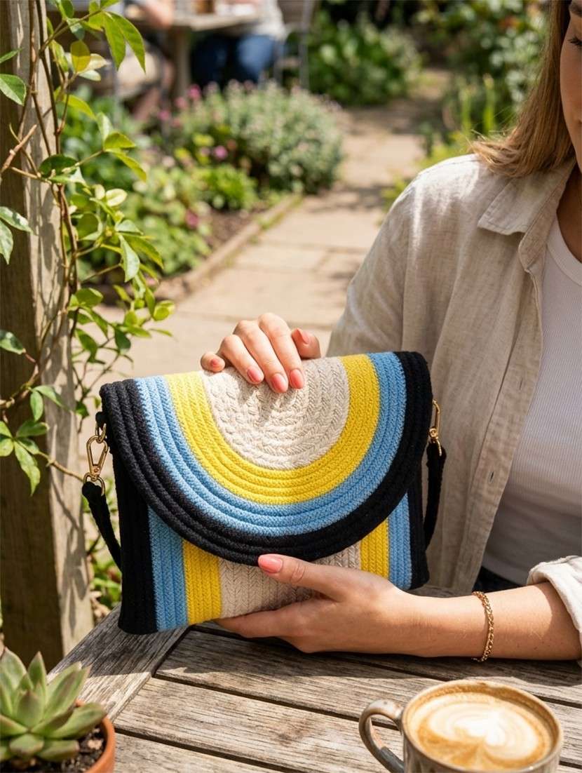 color block cotton textured handbag with button closure