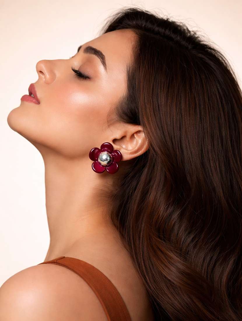 elegant red floral stud earrings with metallic center - 22512684 -  Standard Image - 2