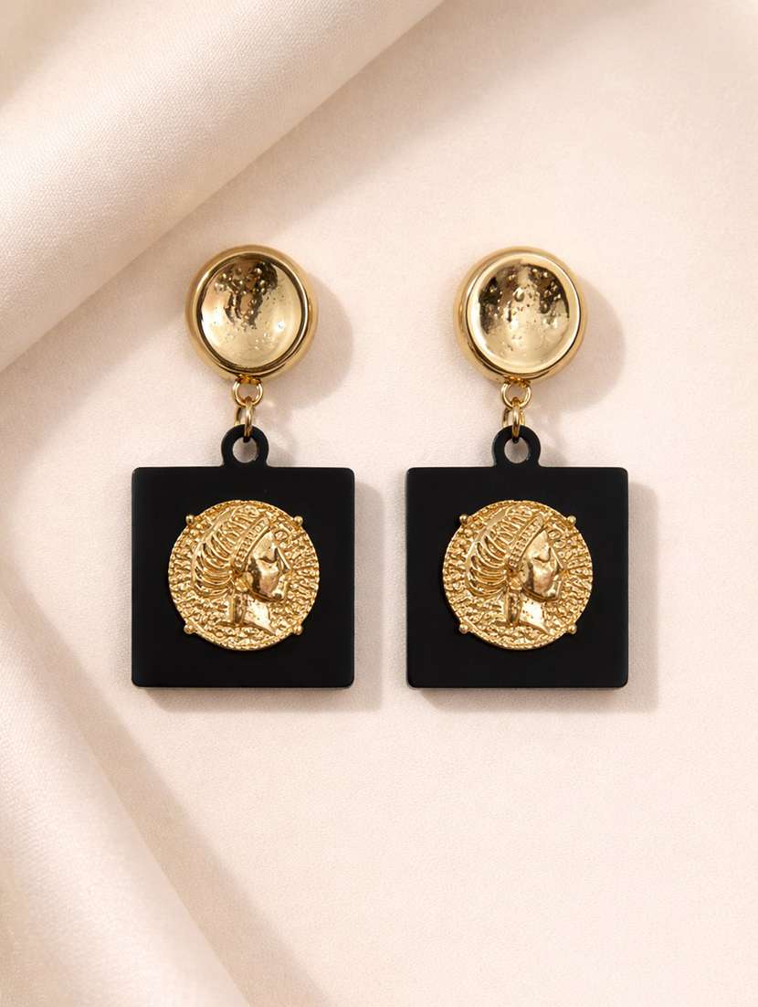 trendy gold-tone black square drop earrings with coin design for women