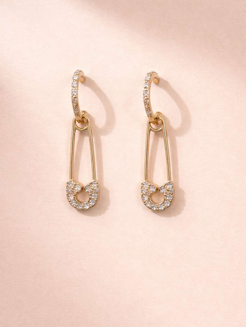 trendy gold-toned crystal safety pin drop earrings for women