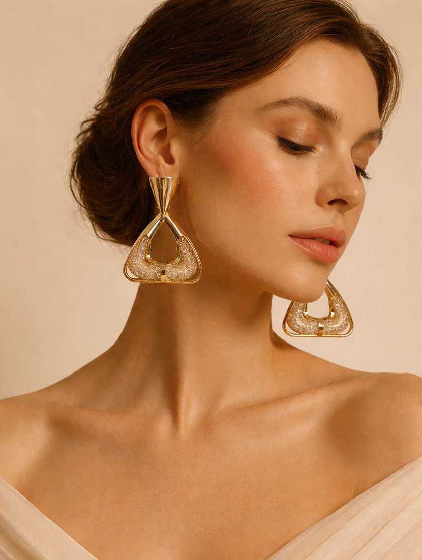 elegant gold-toned geometric drop earrings with crystal detailing for women - 22512702 -  Standard Image - 2